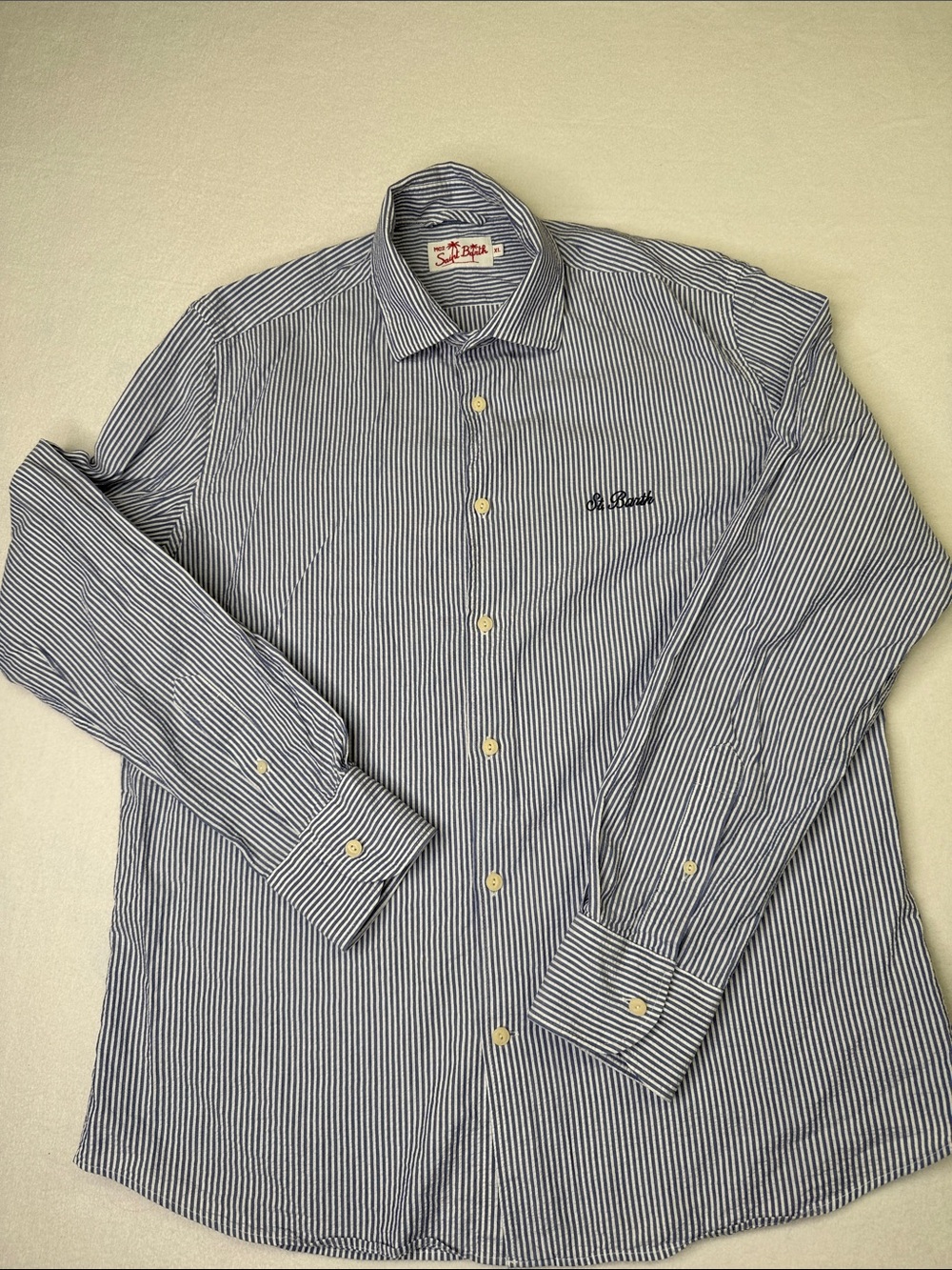 MC2 Saint Barth Navy and White Seersucker Striped Button-Down Shirt